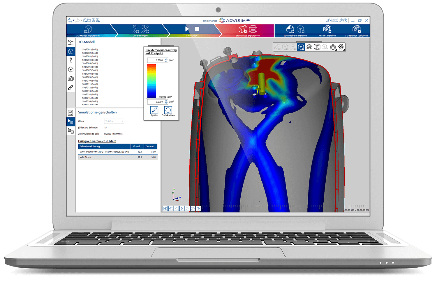 Bild zeigt Notebookbildschirm in dem ADVISIM3D läuft